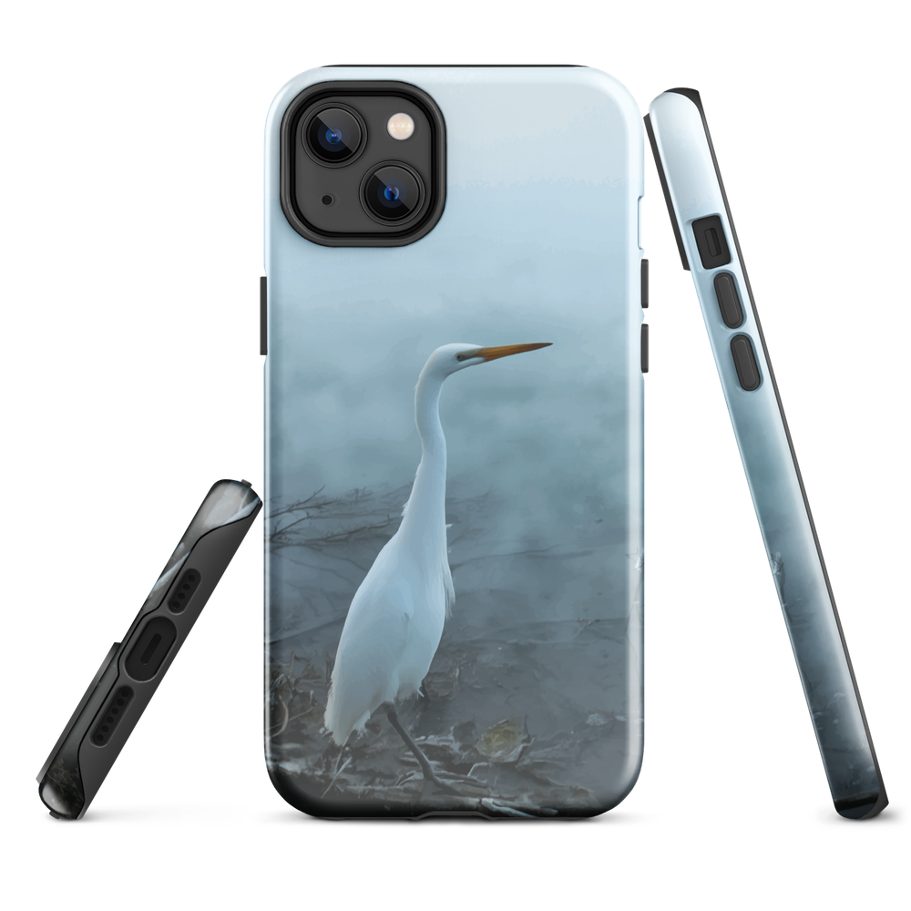 Phone case with a white heron standing in a misty wetland scene.