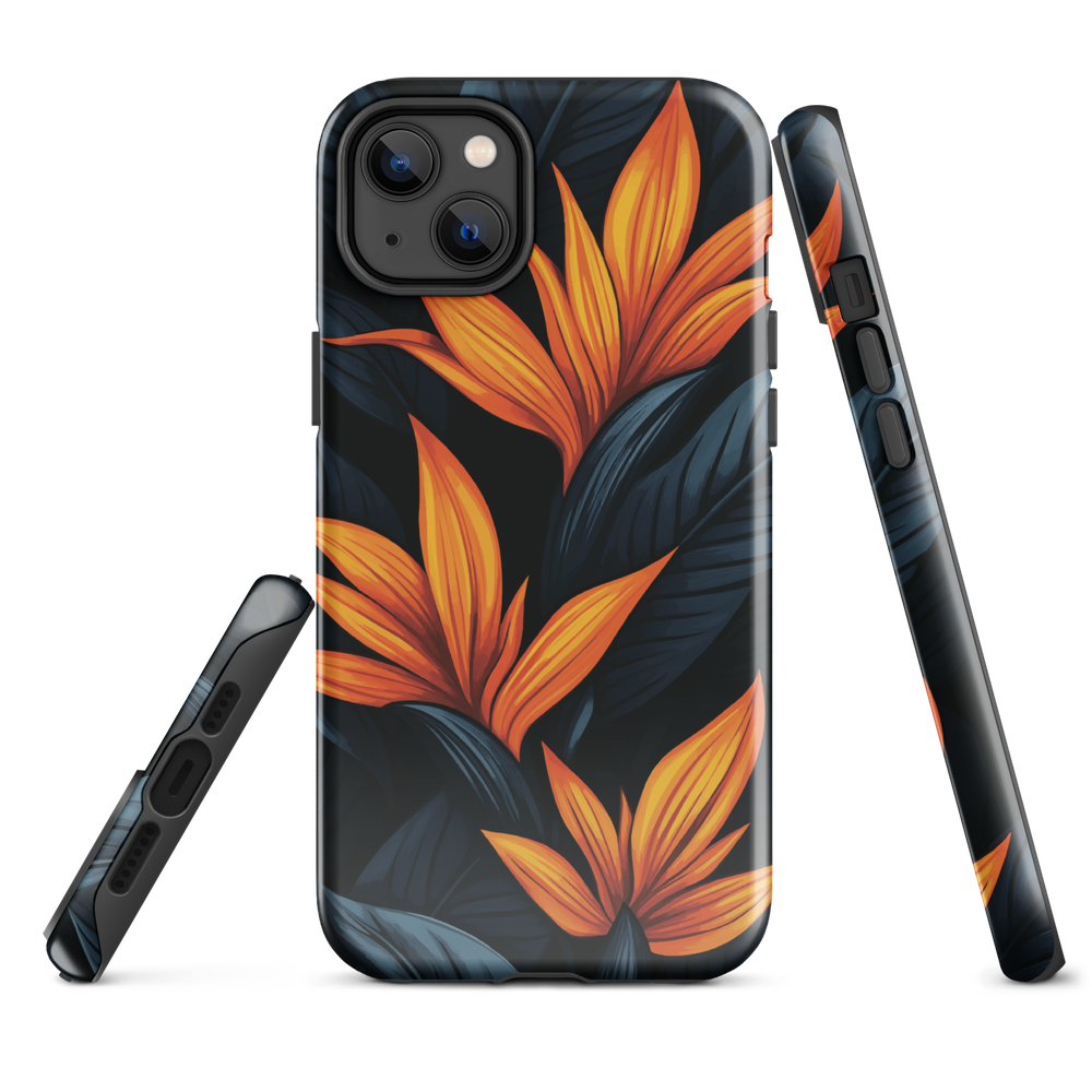 Phone case with bold orange bird of paradise flowers on dark background.