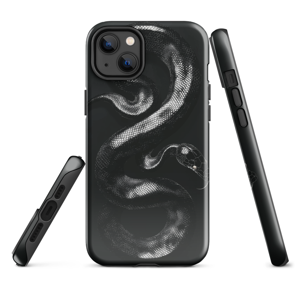 Phone case with detailed black python design on dark background.