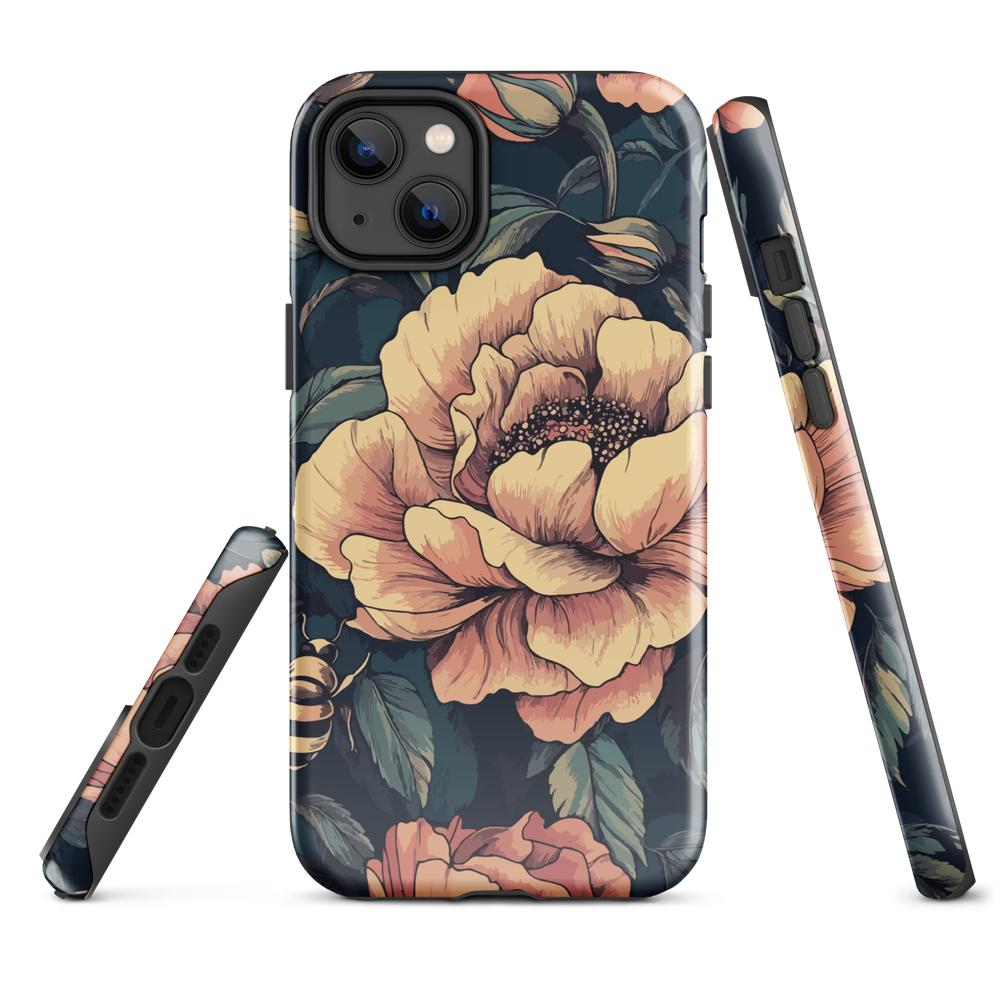 Phone case with vintage-style pink roses and bees on dark background, floral New Zealand artwork.