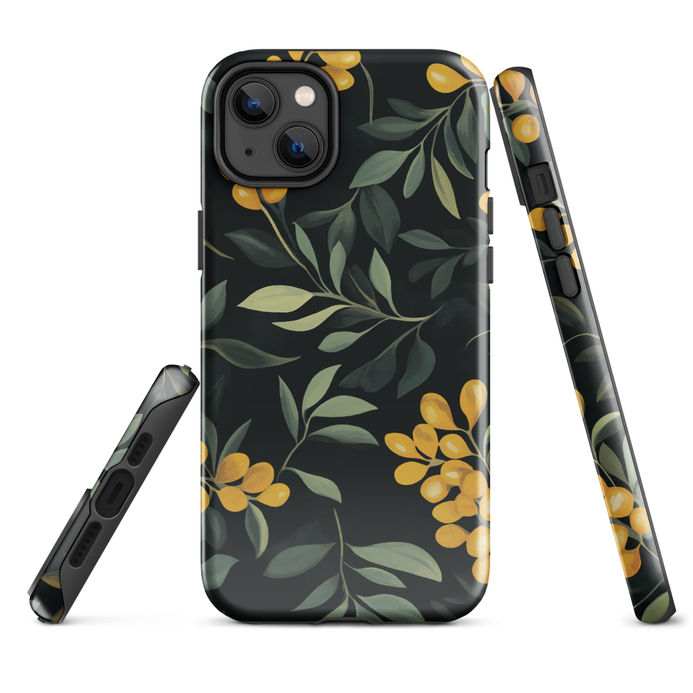 NZ Kowhai phone case with native yellow floral and green leaves on black background by designer Ben Hart.