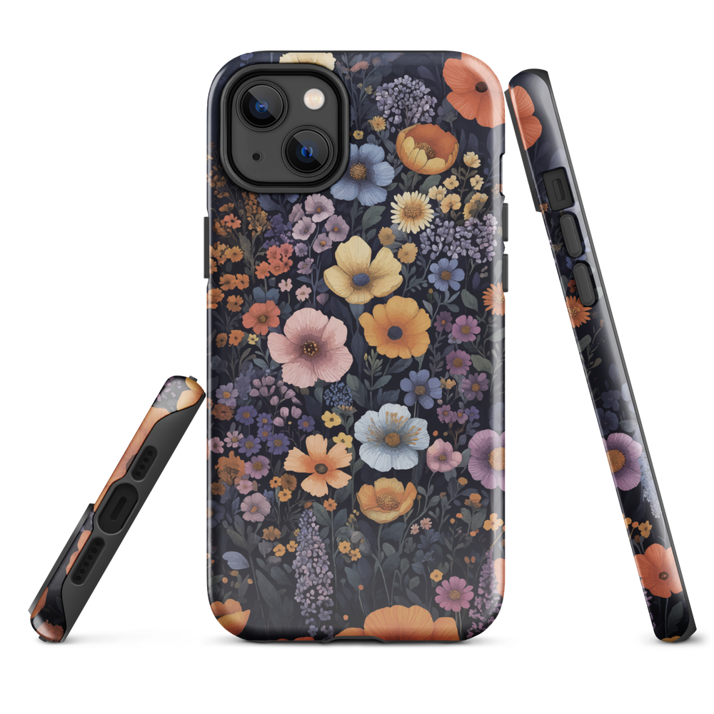 Phone case with colourful wildflowers on dark background, floral art design