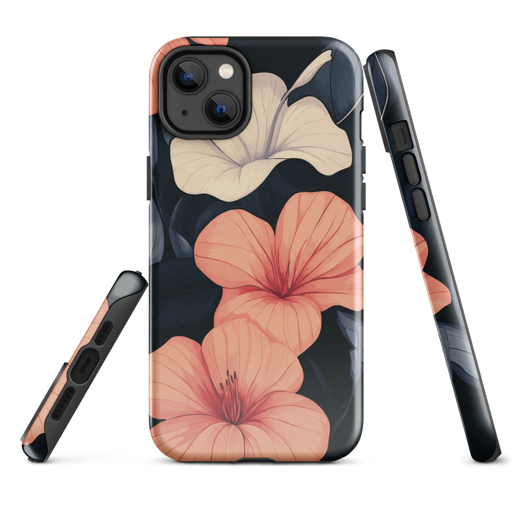 Phone case with coral hibiscus flowers and ivory blooms on dark background