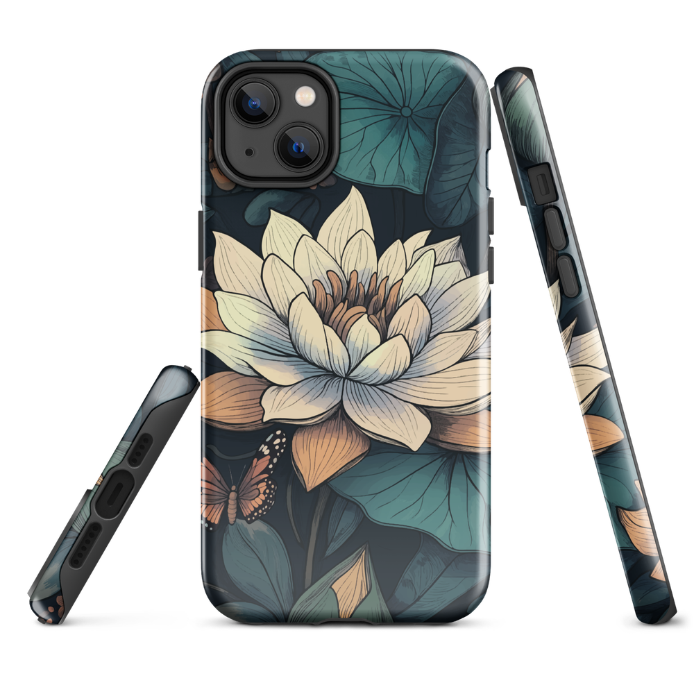 Phone case with ivory water lily, green leaves, and butterfly accents on dark background