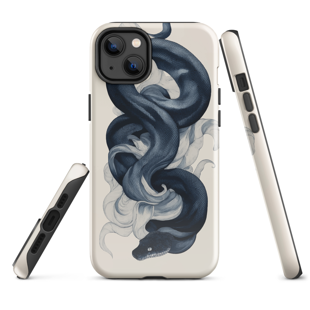 Phone case with black python and smoke design on cream background