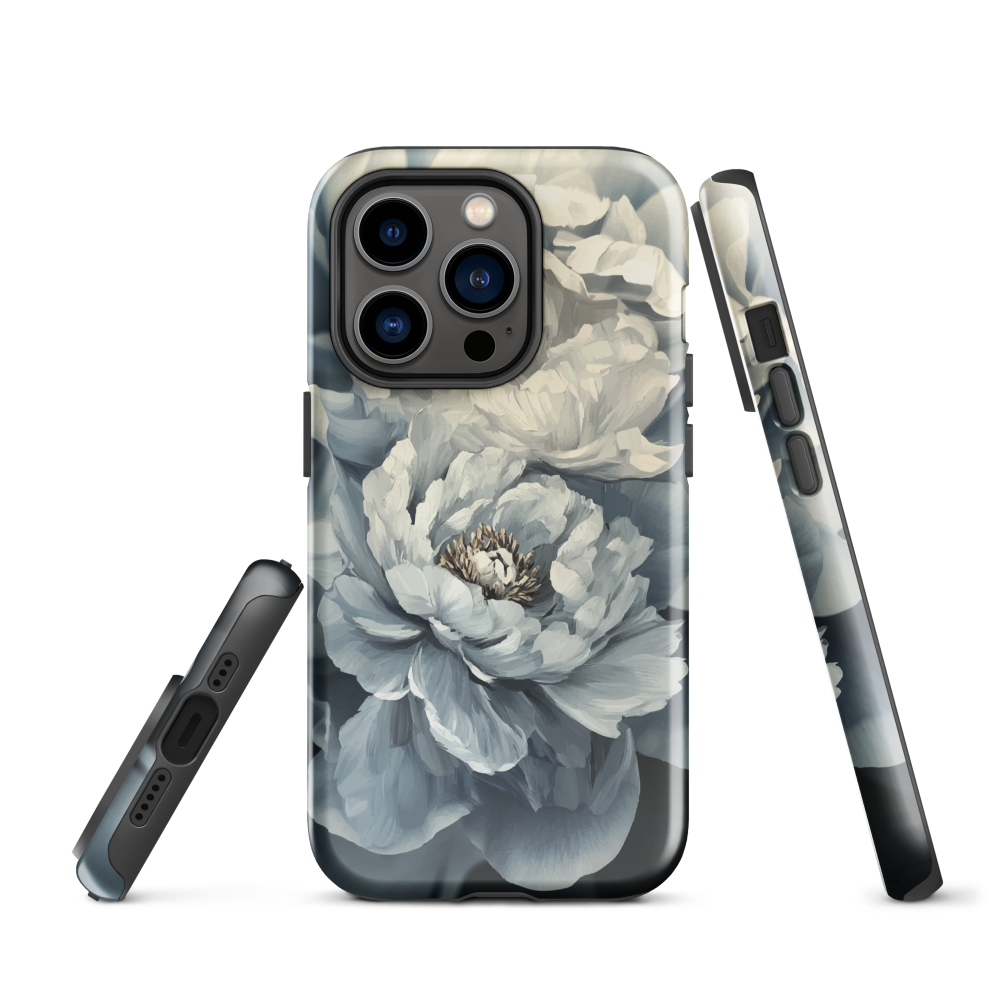 'Whisper' iPhone case features a stunning close-up of softly painted peony blooms in dreamy shades of ivory, grey, and smoky blue.