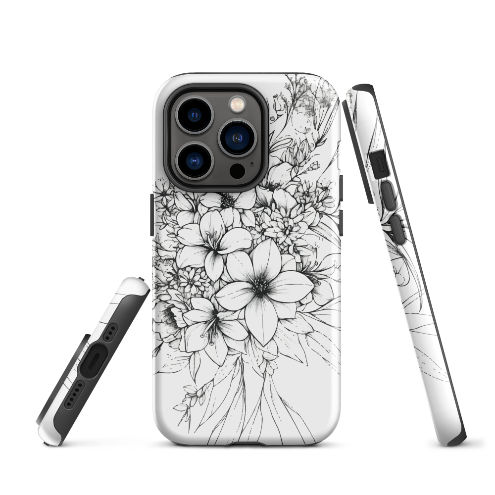 Black and white floral phone case with hand-drawn lilies and wildflowers