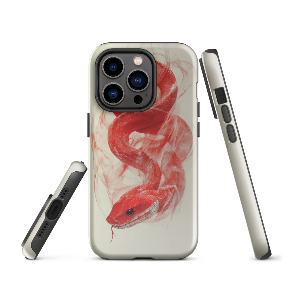 Phone case with red snake design on a cream background, coiled in smoky detail. Bold artwork by NZ designer Ben Hart.