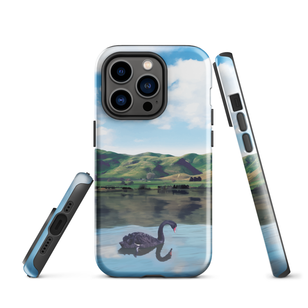 Phone case with a black swan on a calm lake, New Zealand hills in the background. Art by NZ designer Ben Hart.