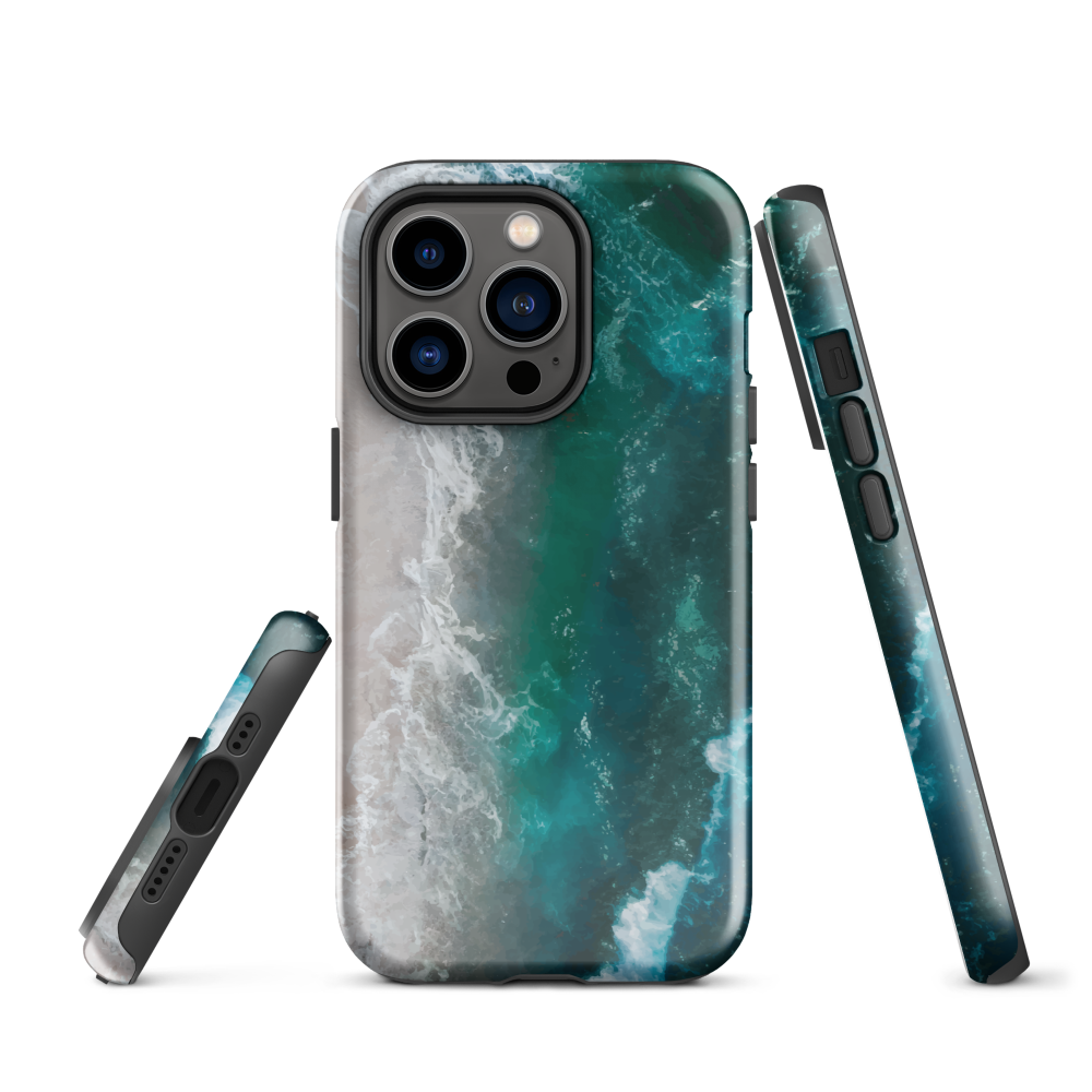 Ocean wave phone case with abstract beach design in teal and white, by NZ artist Ben Hart.