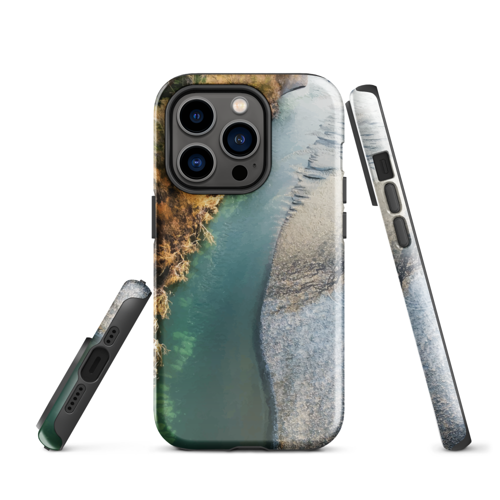 Phone case with aerial riverbend artwork and earthy tones, designed by New Zealand artist Ben Hart.
