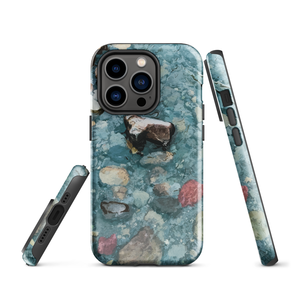 Washed Away designer phone case with abstract river stone artwork in earthy blues and natural tones.