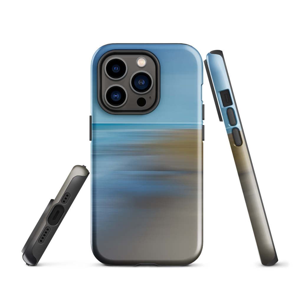 Ocean Breeze phone case with abstract blue and sandy tones inspired by sea and sky.