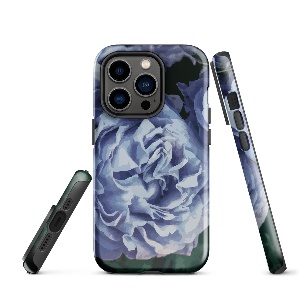 Designer phone case with a bold blue rose artwork and glossy finish.