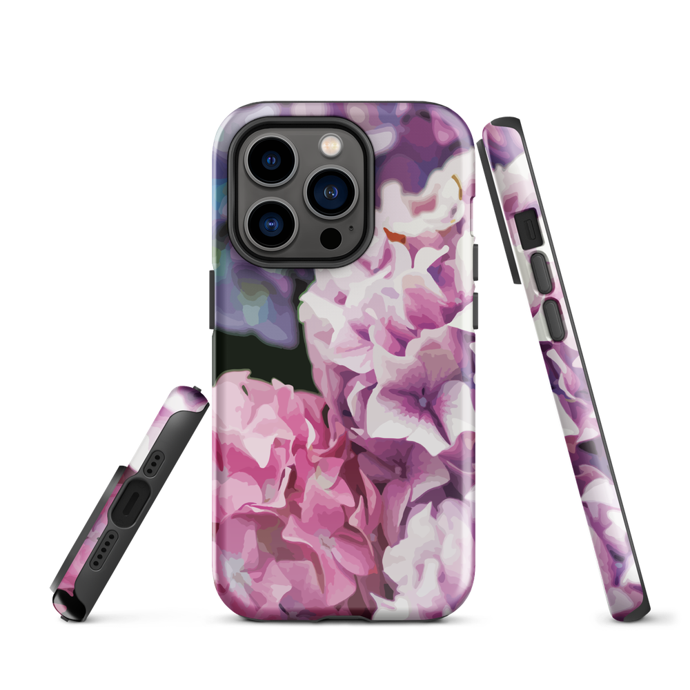 Designer phone case with pink and purple hydrangea floral artwork.