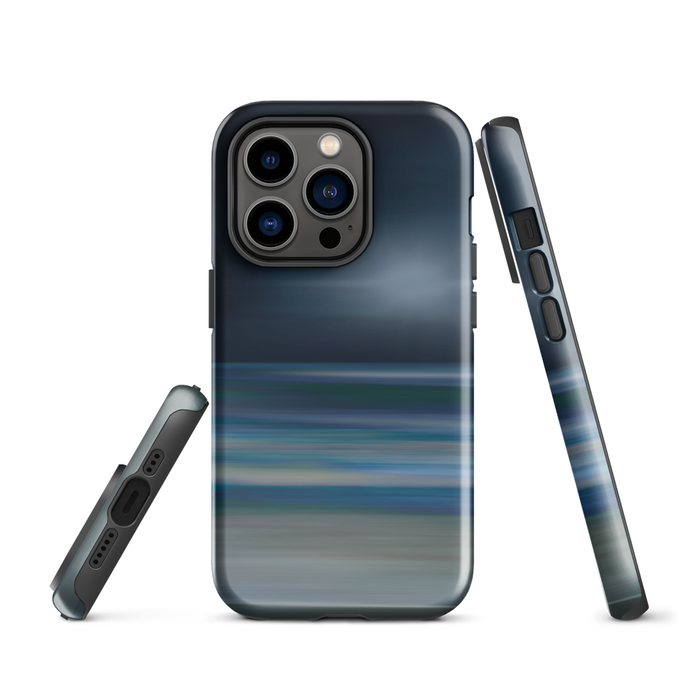 Dark abstract phone case with blue and grey streaks and glossy finish.