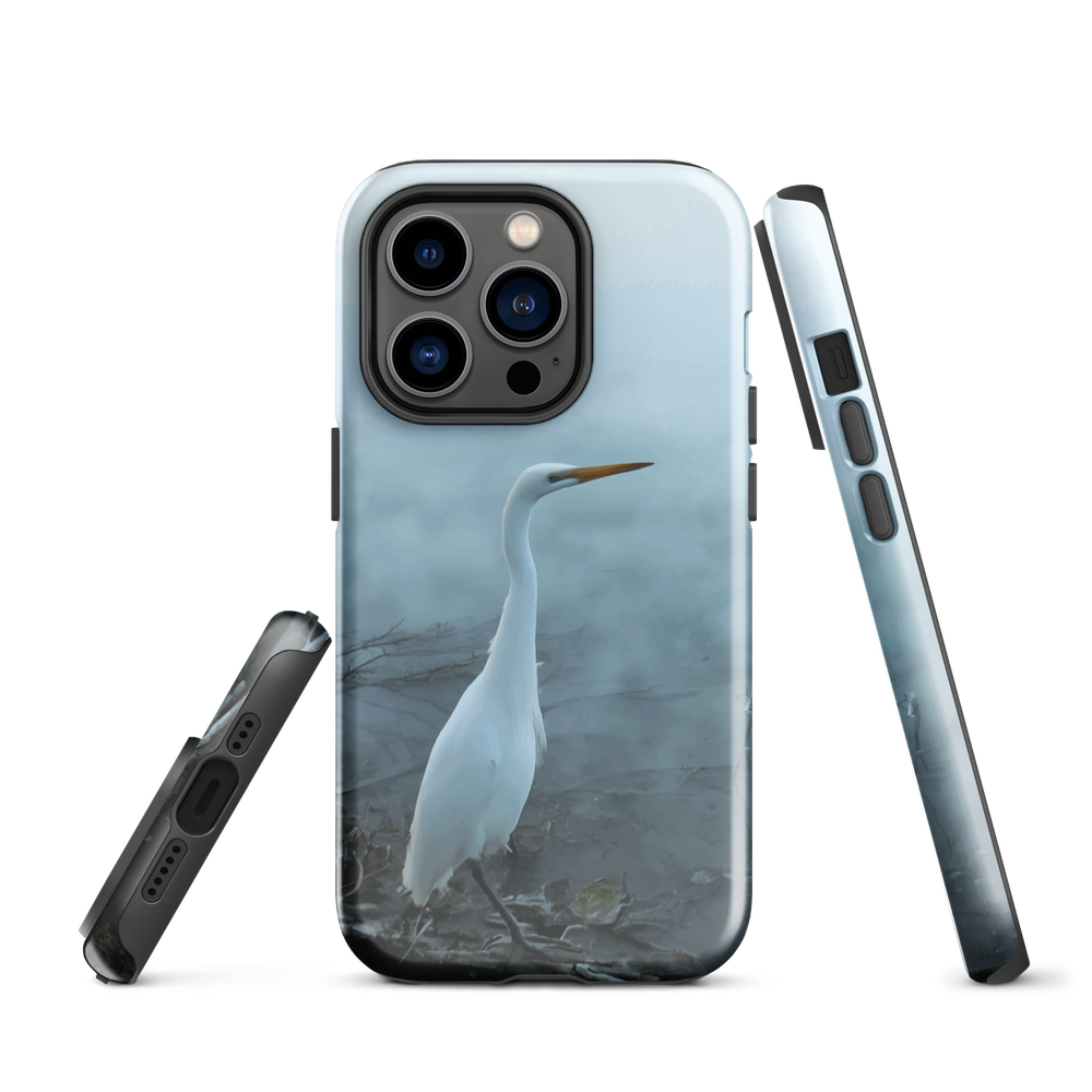 Phone case with a white heron standing in a misty wetland scene.