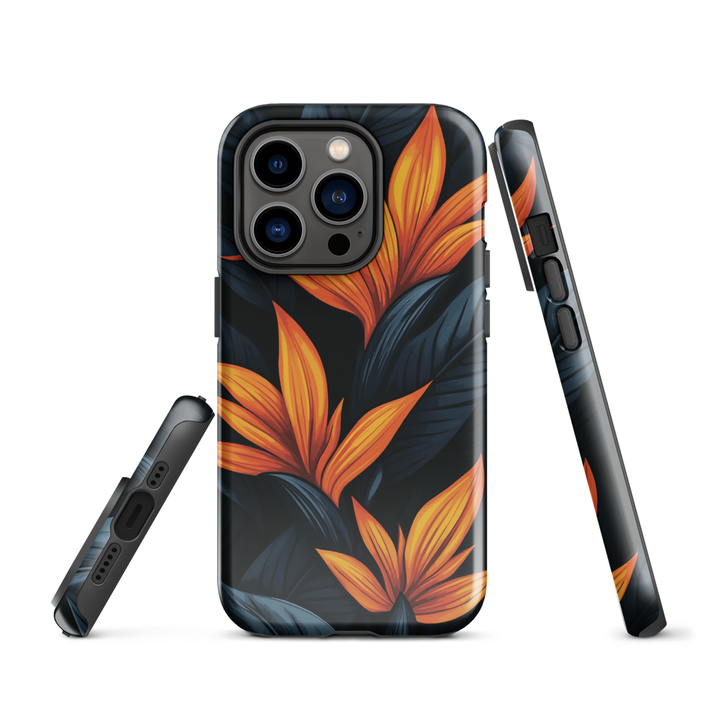 Phone case with bold orange bird of paradise flowers on dark background.