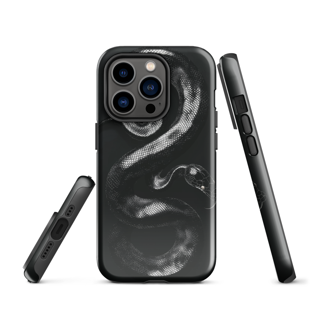 Phone case with detailed black python design on dark background.