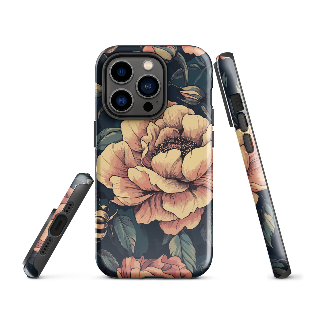 Phone case with vintage-style pink roses and bees on dark background, floral New Zealand artwork.