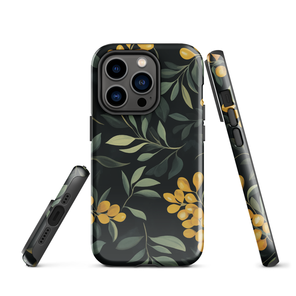 NZ Kowhai phone case with native yellow floral and green leaves on black background by designer Ben Hart.