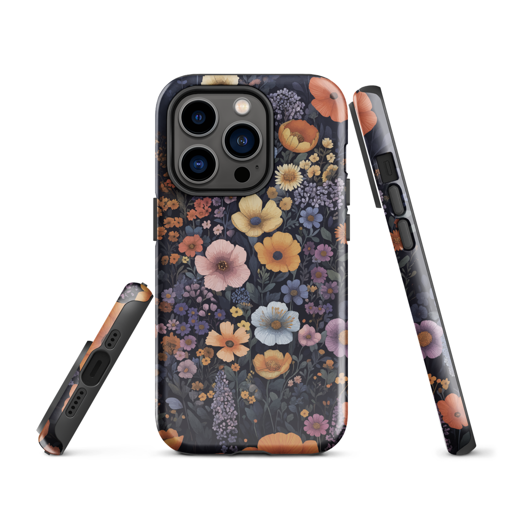 Phone case with colourful wildflowers on dark background, floral art design