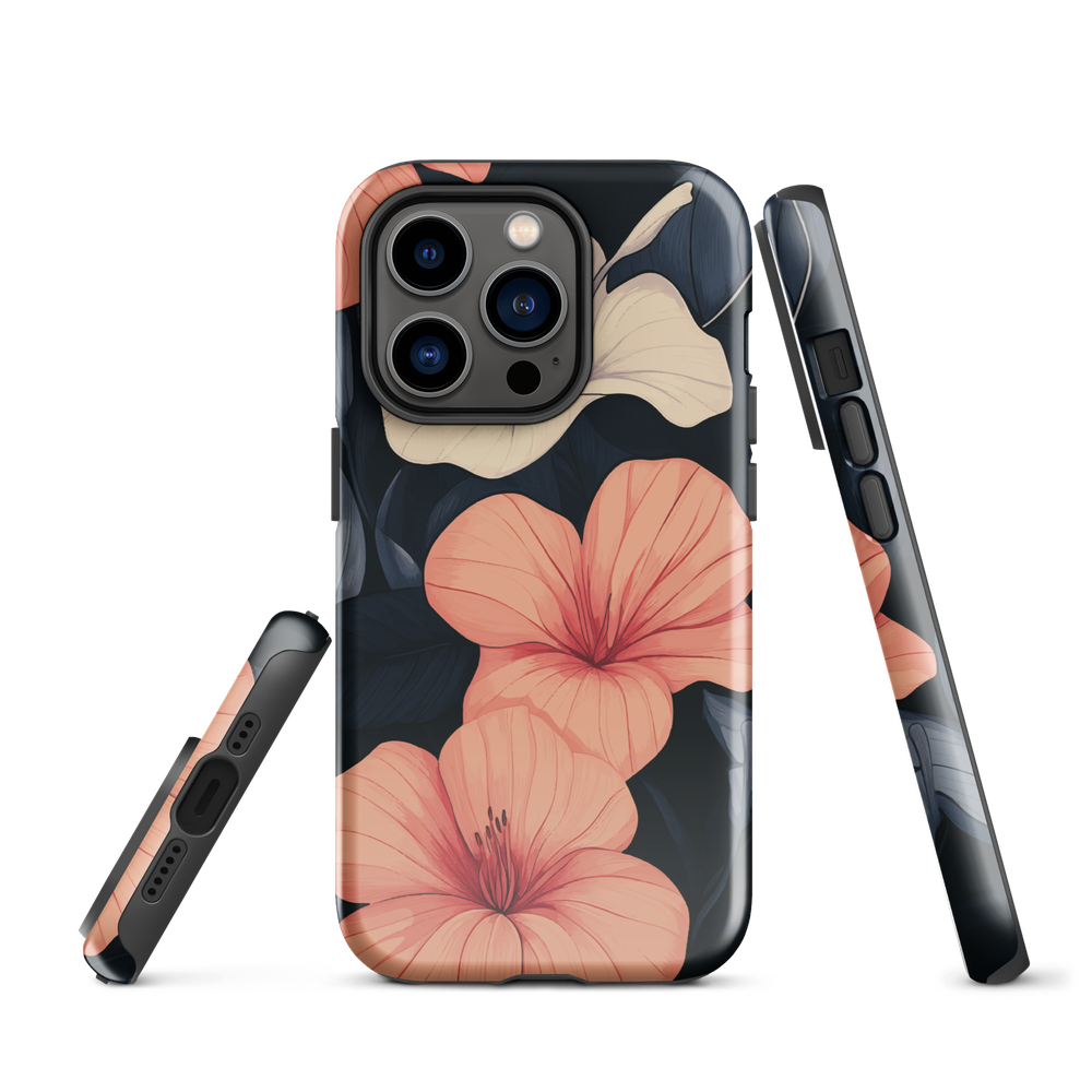 Phone case with coral hibiscus flowers and ivory blooms on dark background