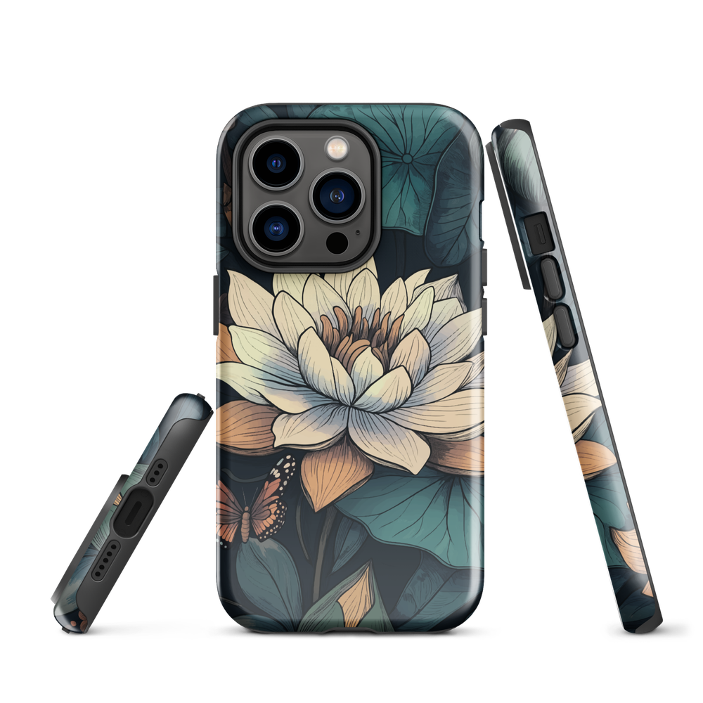 Phone case with ivory water lily, green leaves, and butterfly accents on dark background
