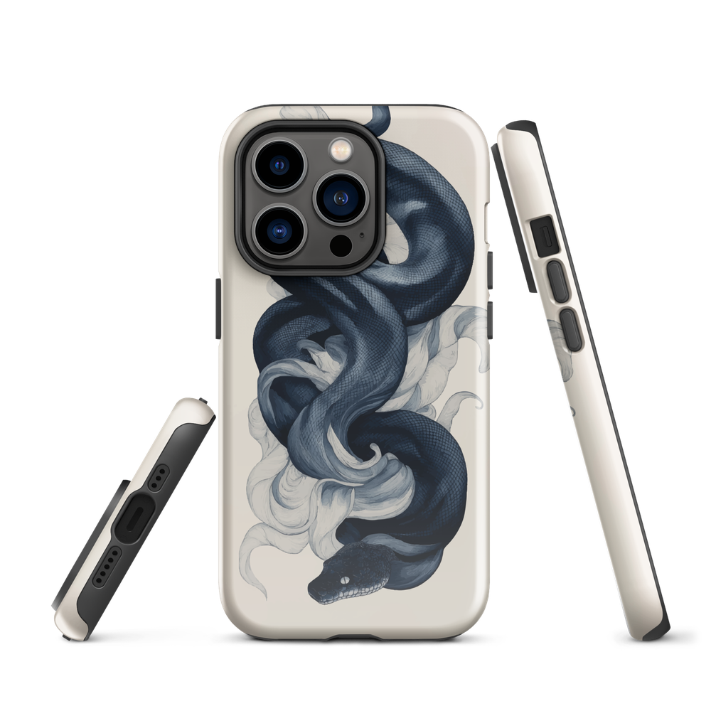 Phone case with black python and smoke design on cream background