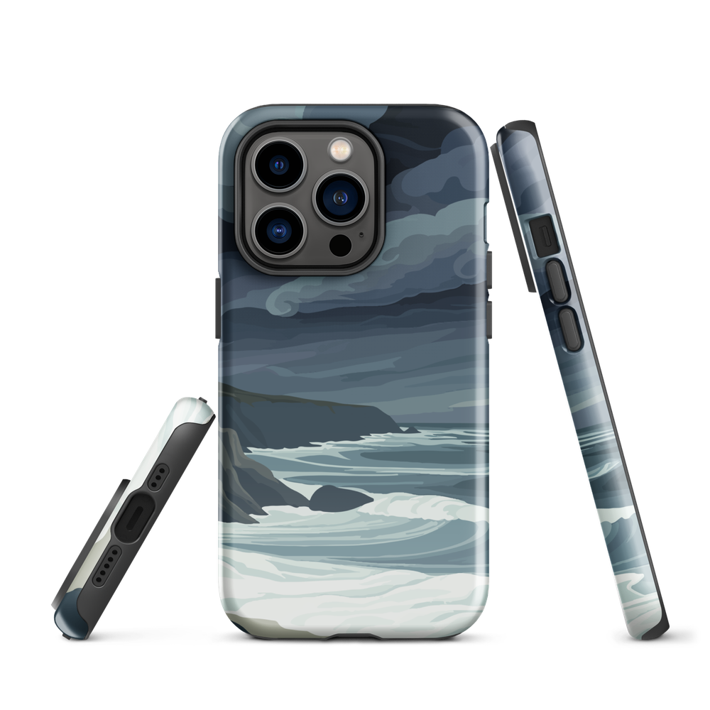 Phone case featuring moody Cape Kidnappers coastline with crashing waves and dark skies