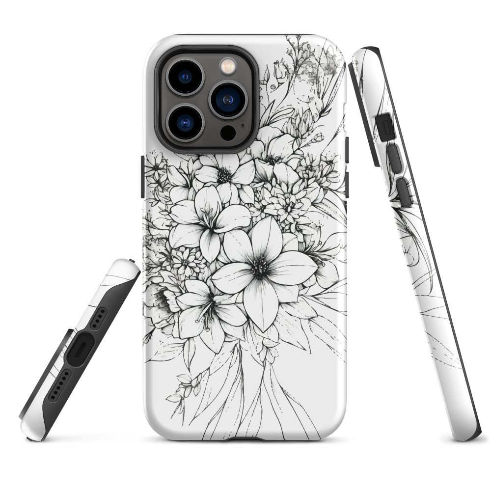 Black and white floral phone case with hand-drawn lilies and wildflowers