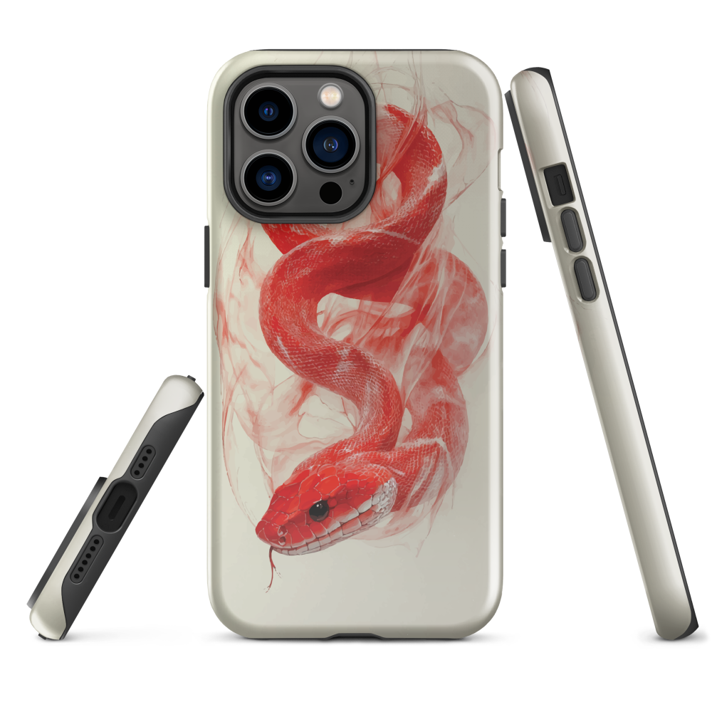 Phone case with red snake design on a cream background, coiled in smoky detail. Bold artwork by NZ designer Ben Hart.