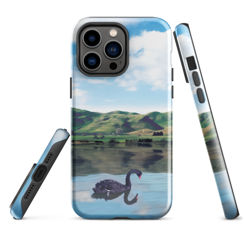 Phone case with a black swan on a calm lake, New Zealand hills in the background. Art by NZ designer Ben Hart.