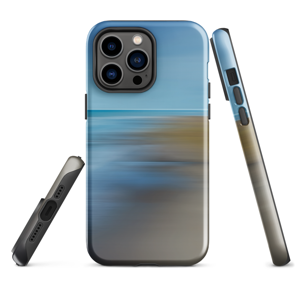 Ocean Breeze phone case with abstract blue and sandy tones inspired by sea and sky.