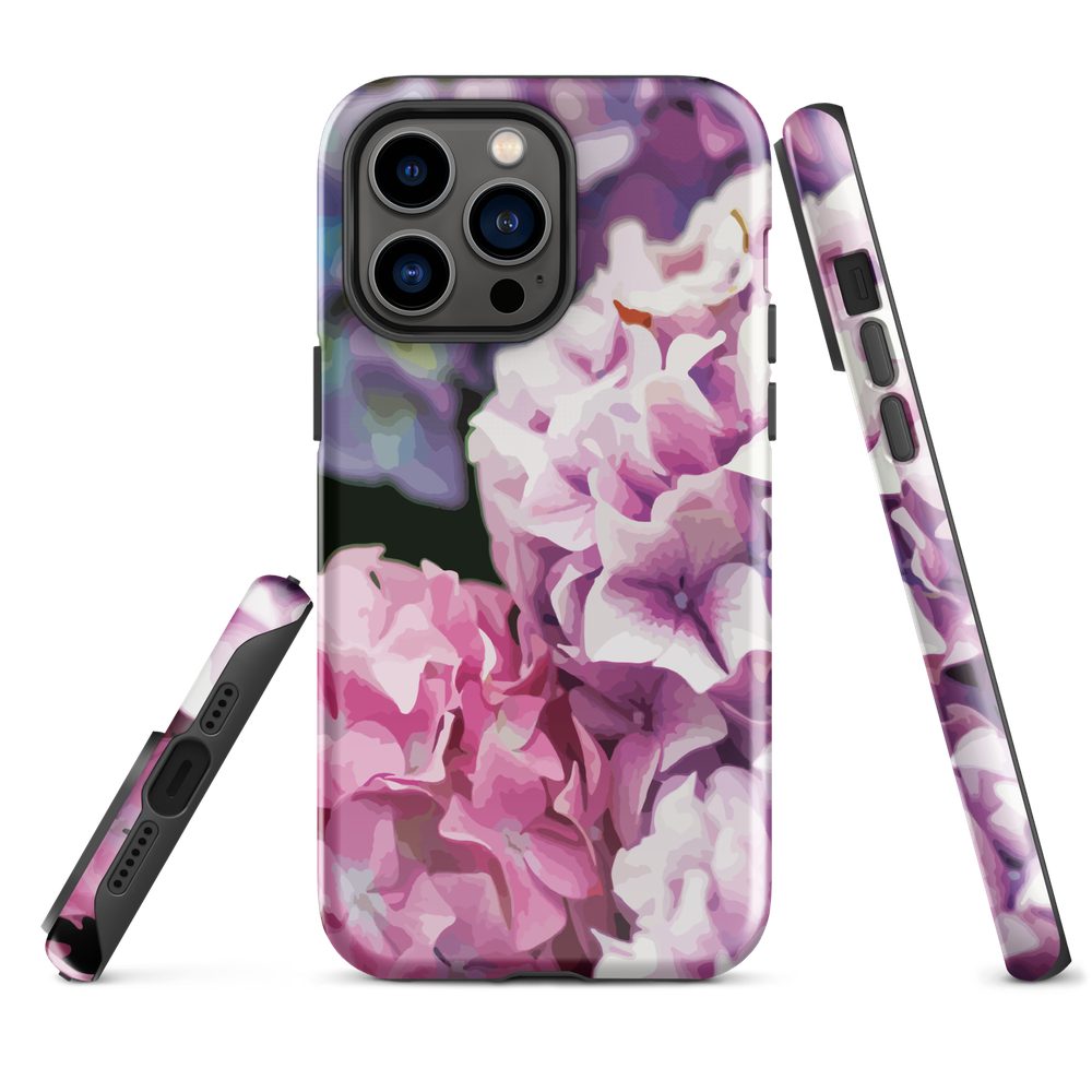 Designer phone case with pink and purple hydrangea floral artwork.