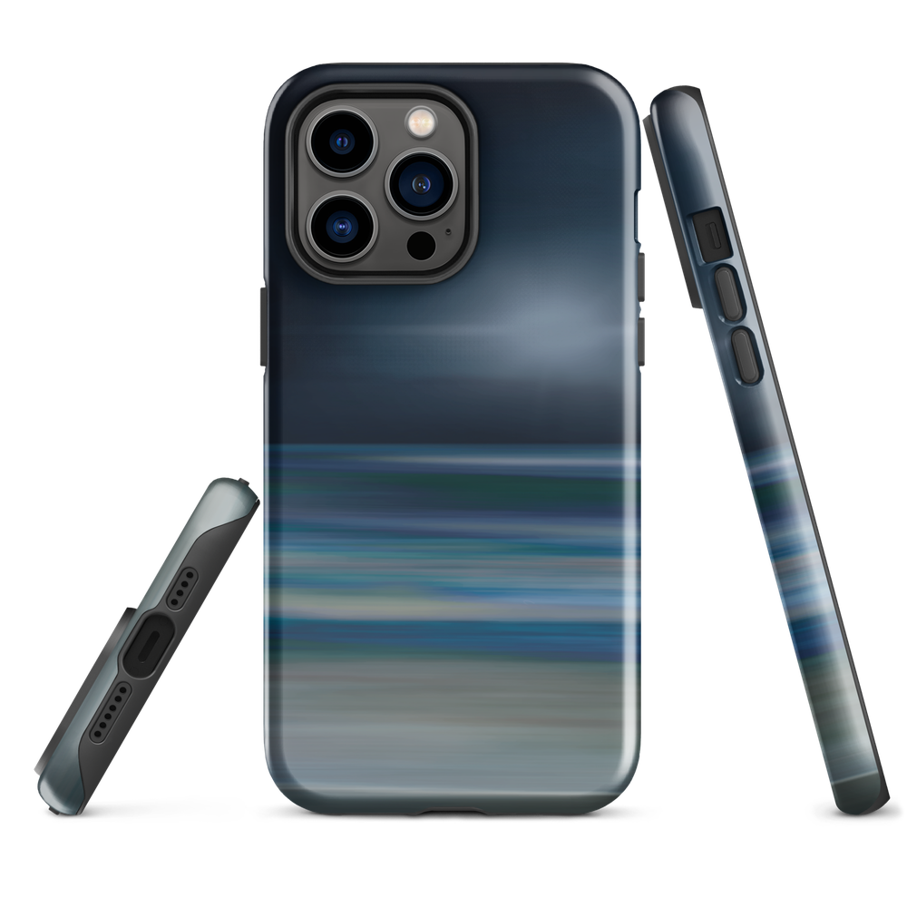 Dark abstract phone case with blue and grey streaks and glossy finish.