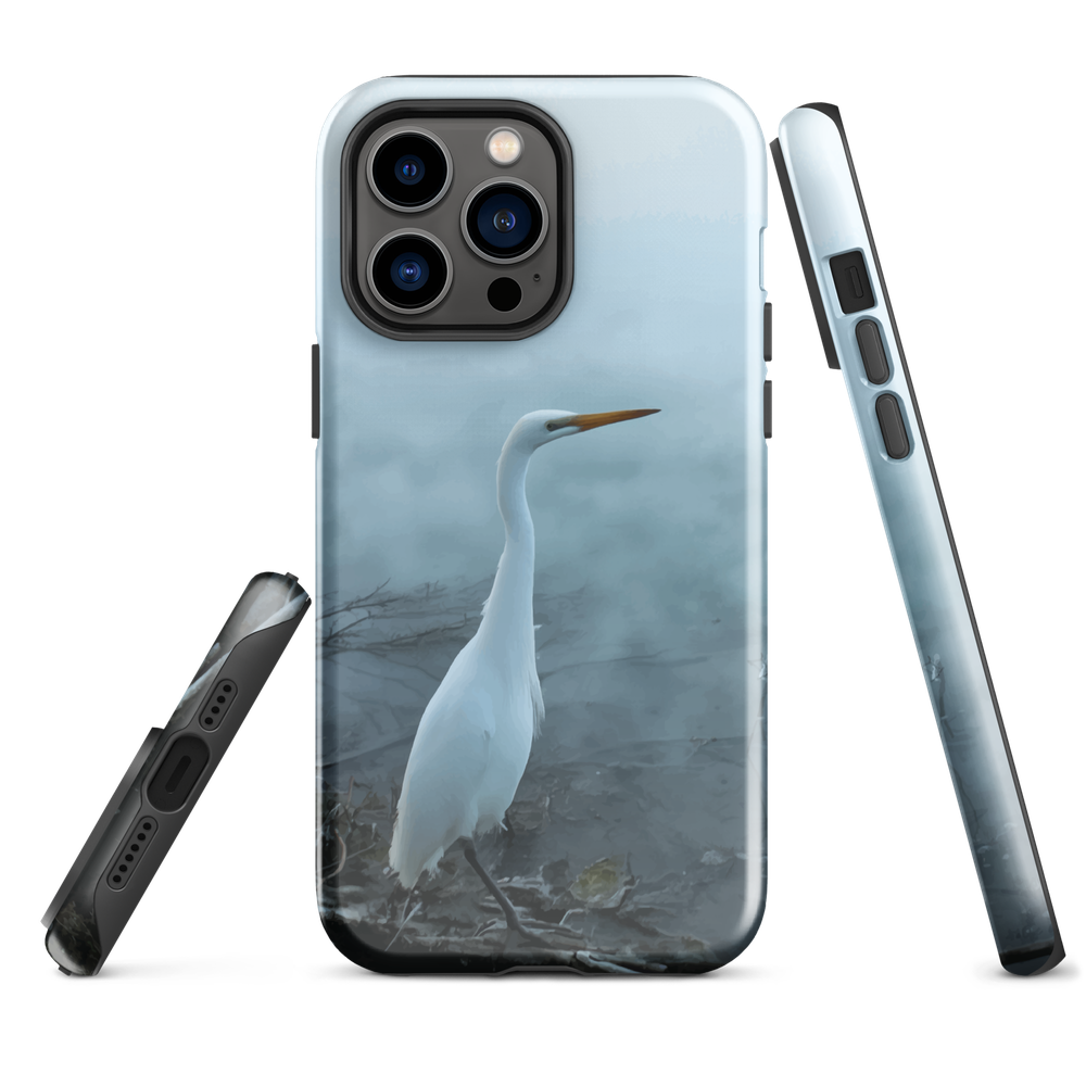 Phone case with a white heron standing in a misty wetland scene.