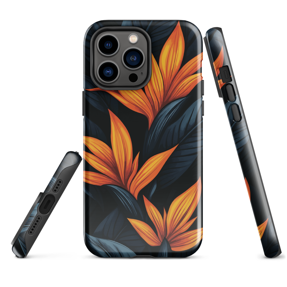 Phone case with bold orange bird of paradise flowers on dark background.