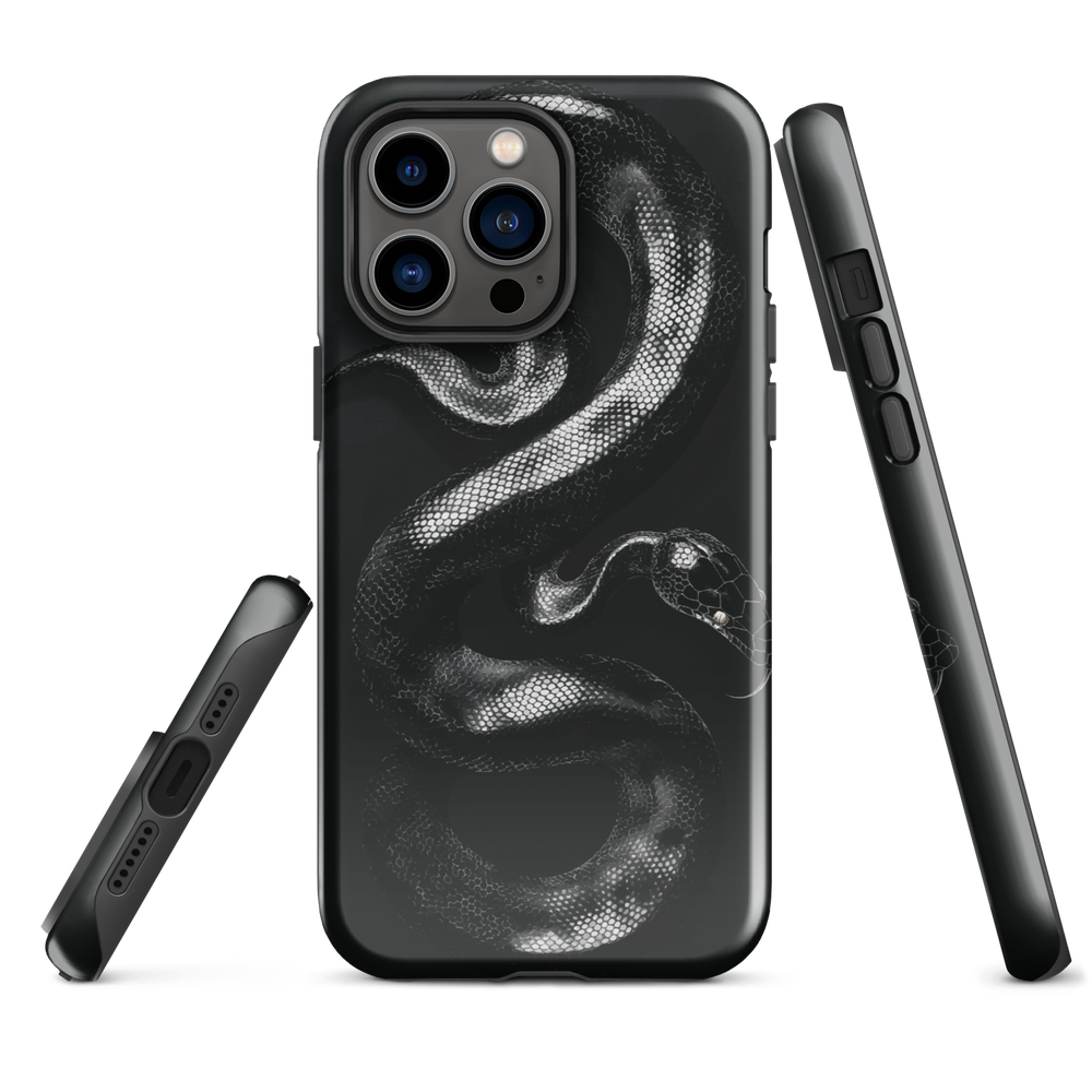 Phone case with detailed black python design on dark background.