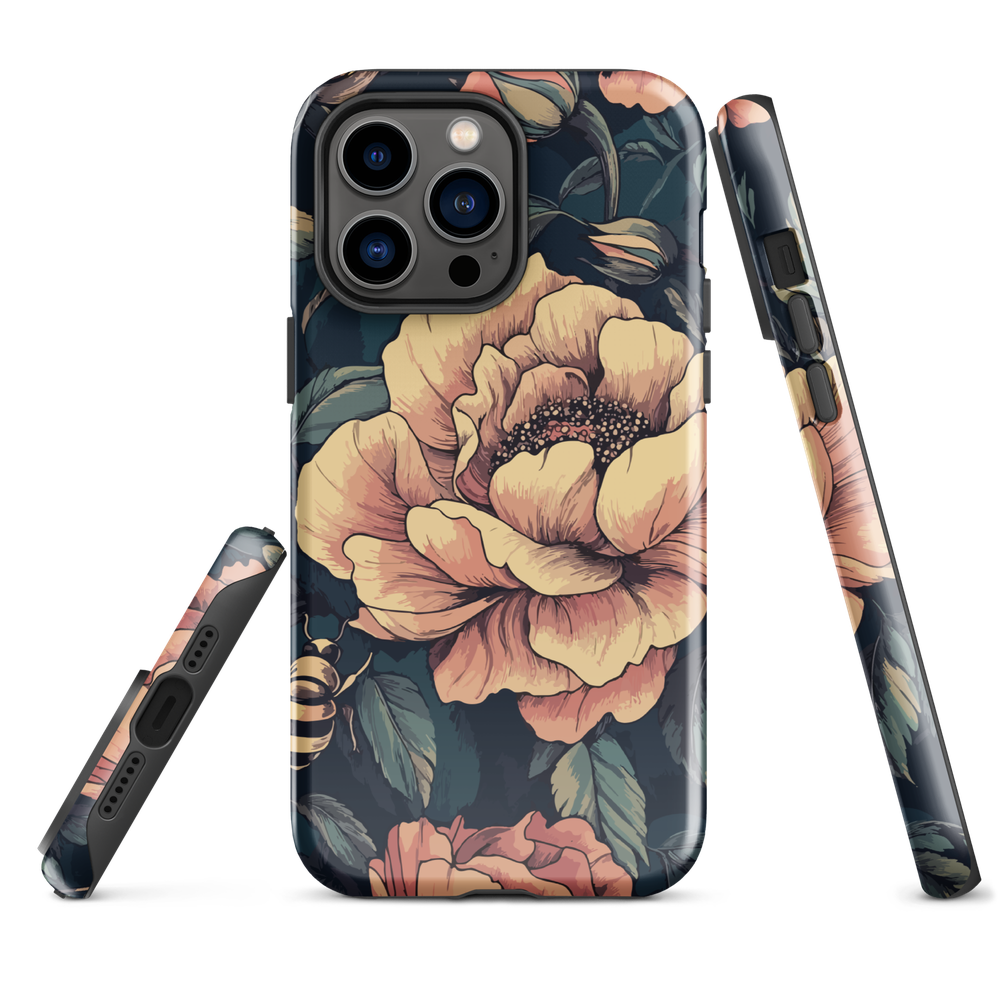 Phone case with vintage-style pink roses and bees on dark background, floral New Zealand artwork.