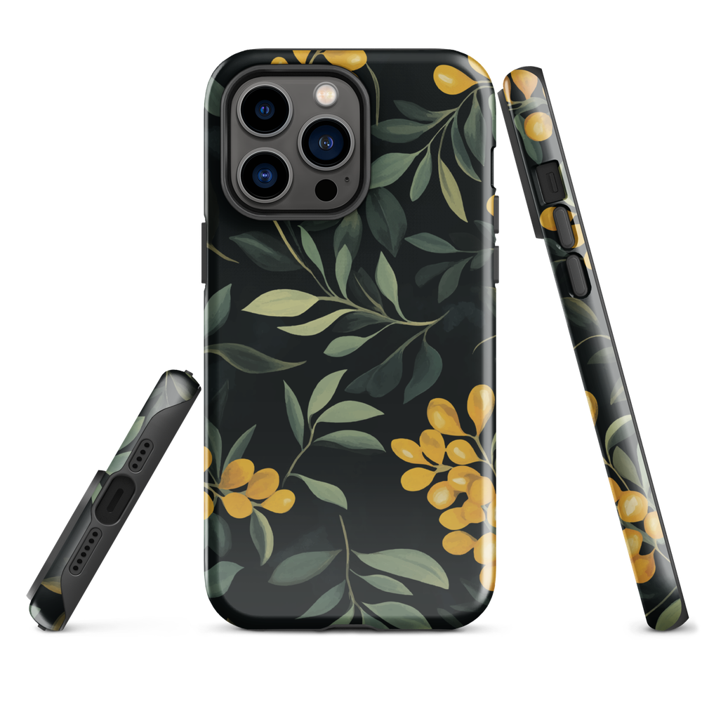 NZ Kowhai phone case with native yellow floral and green leaves on black background by designer Ben Hart.