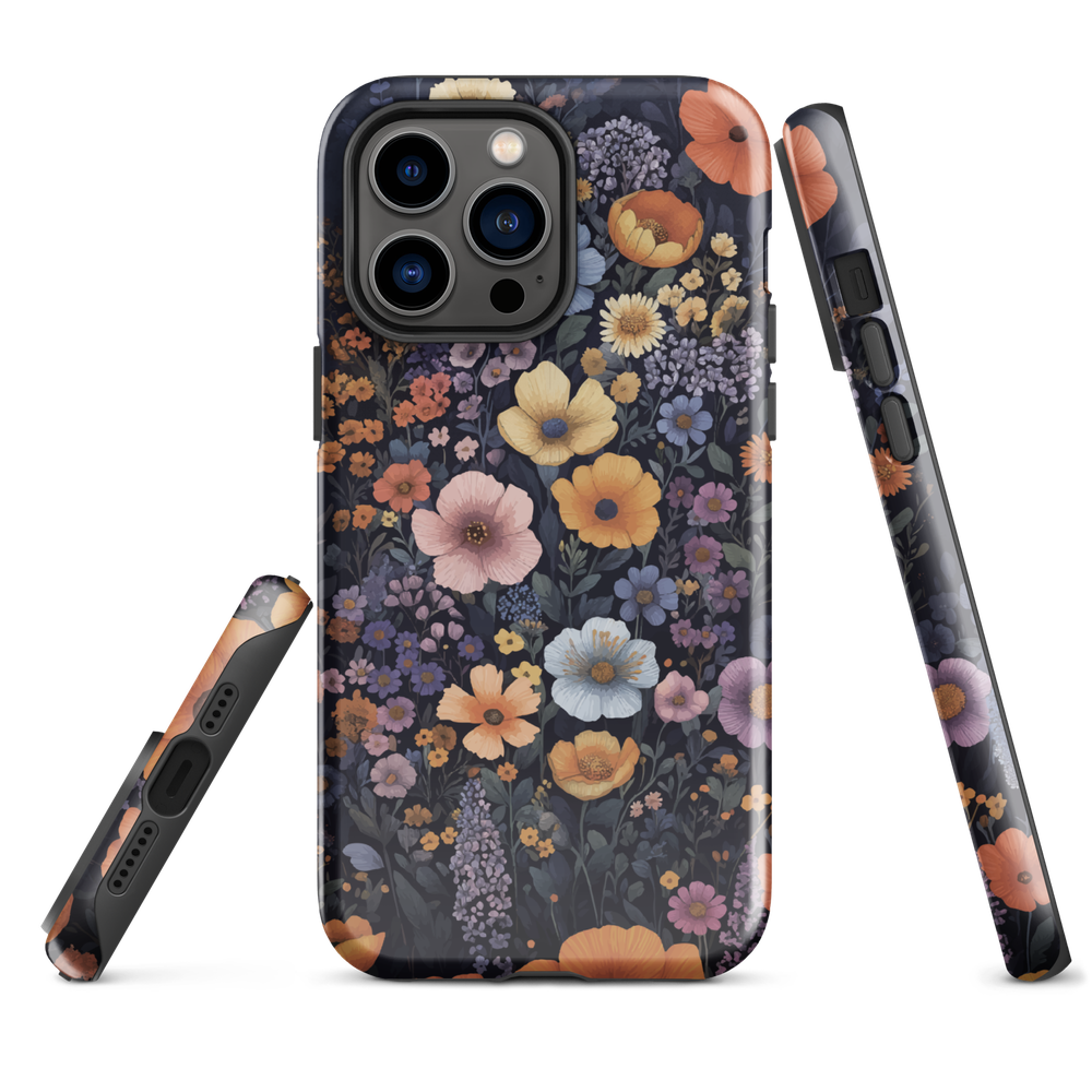Phone case with colourful wildflowers on dark background, floral art design