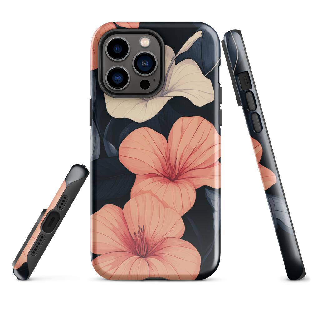 Phone case with coral hibiscus flowers and ivory blooms on dark background