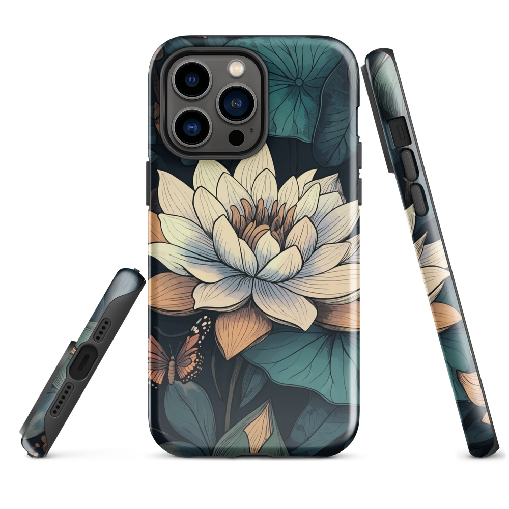 Phone case with ivory water lily, green leaves, and butterfly accents on dark background
