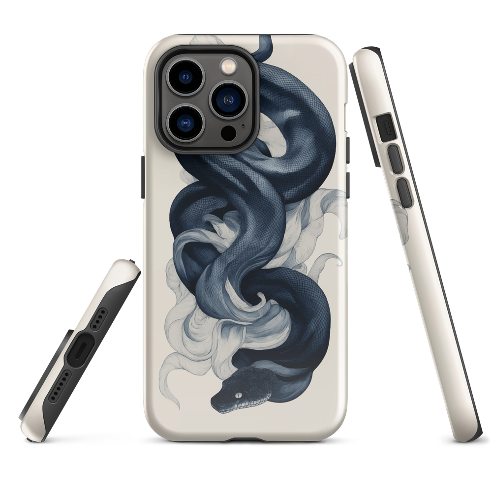 Phone case with black python and smoke design on cream background