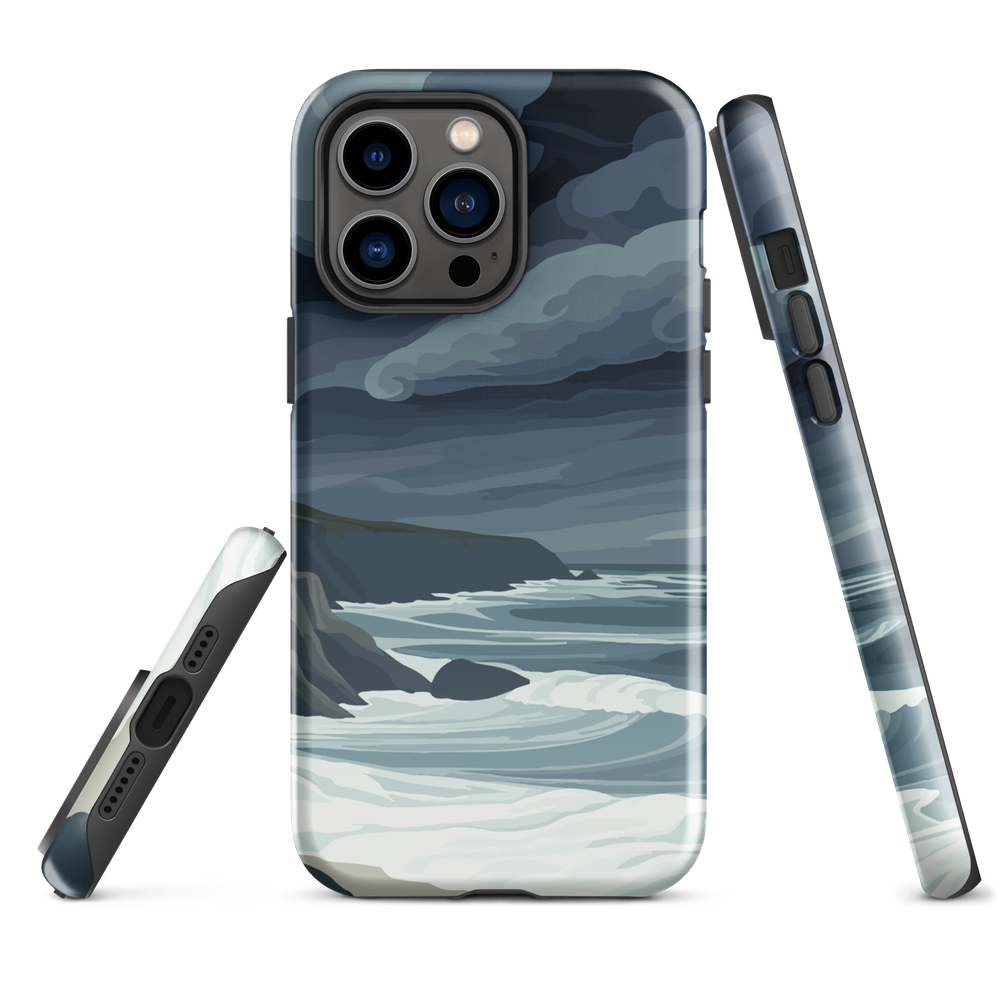 Phone case featuring moody Cape Kidnappers coastline with crashing waves and dark skies