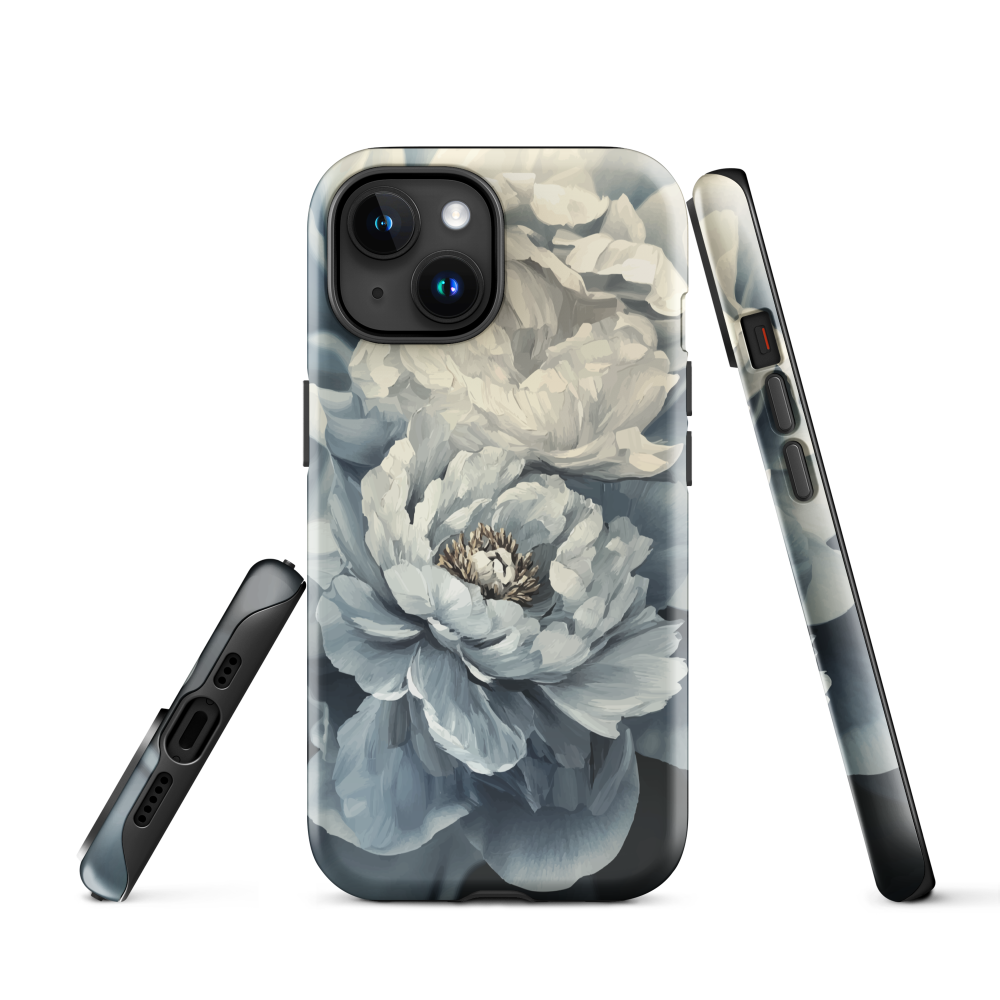 'Whisper' iPhone case features a stunning close-up of softly painted peony blooms in dreamy shades of ivory, grey, and smoky blue.