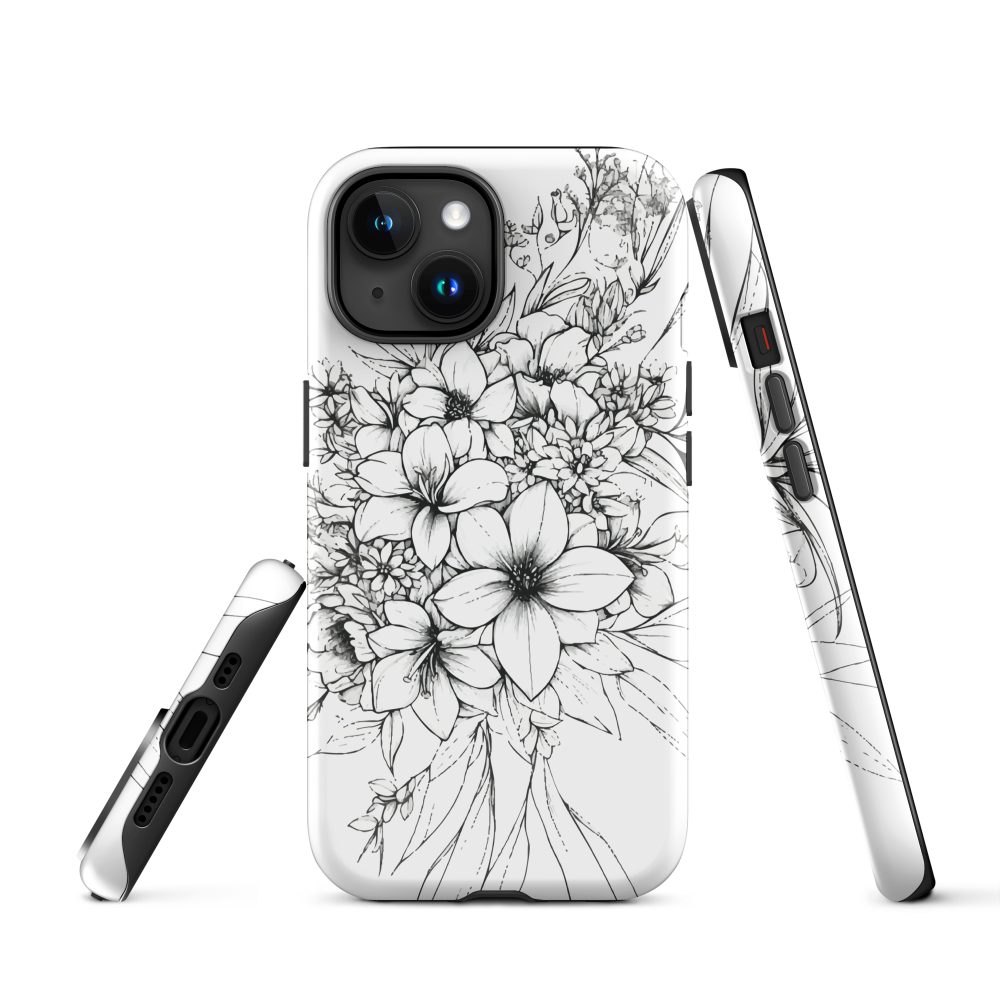 Black and white floral phone case with hand-drawn lilies and wildflowers