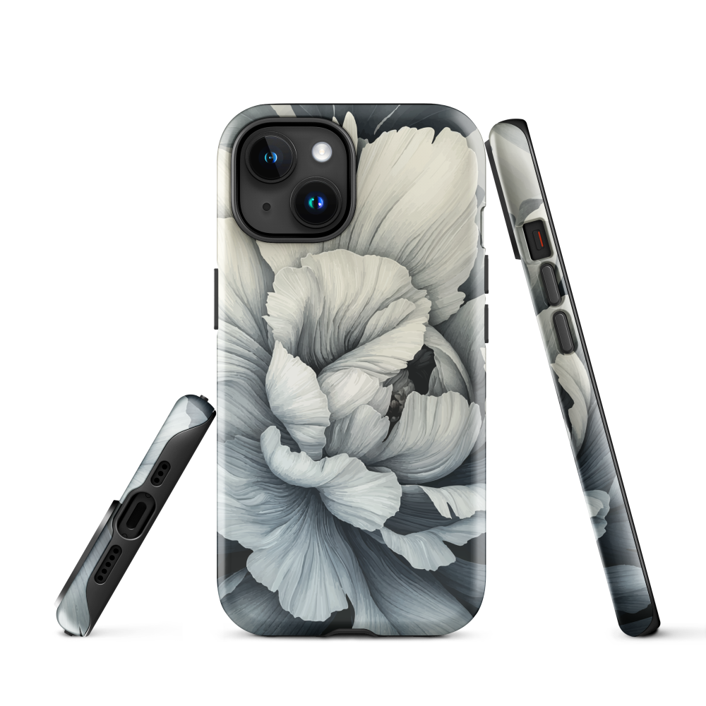 Black and white floral phone case featuring a soft, moody peony design by New Zealand artist Ben Hart.