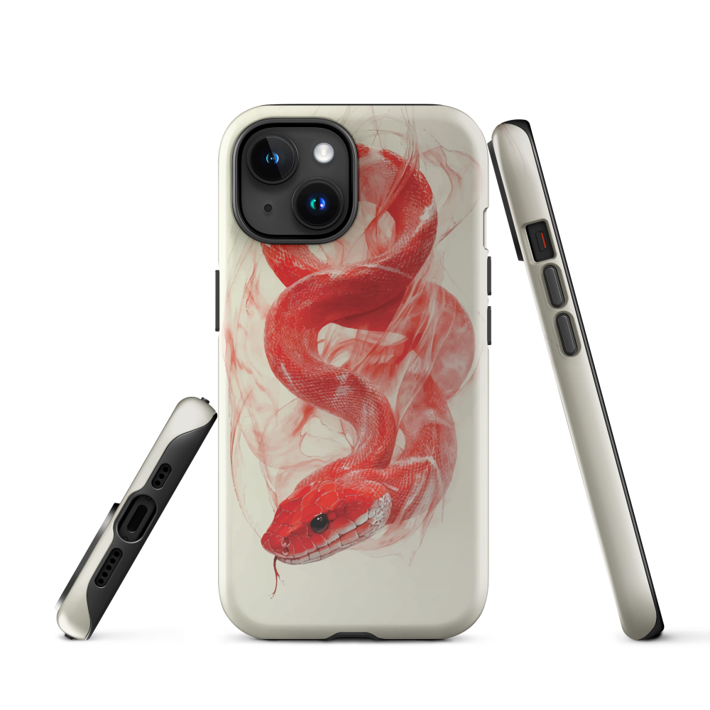 Phone case with red snake design on a cream background, coiled in smoky detail. Bold artwork by NZ designer Ben Hart.